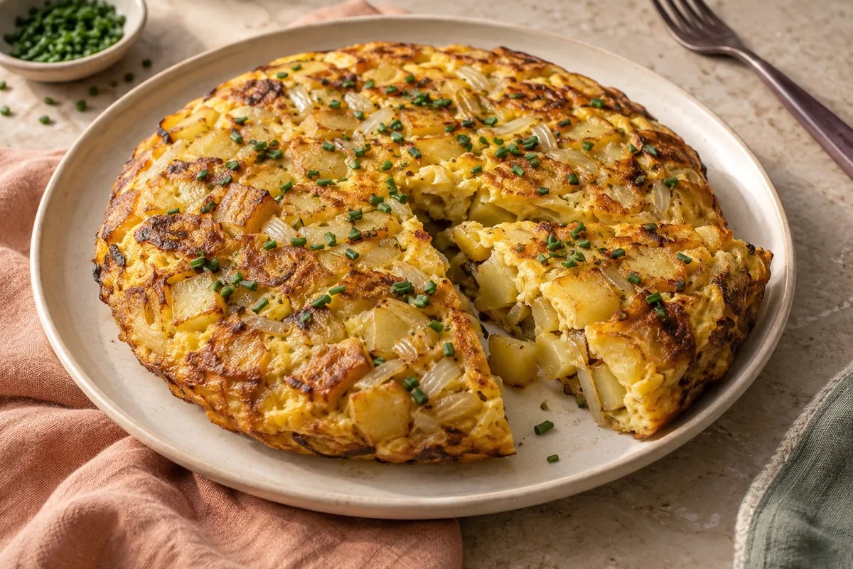 Açık yuvarlak yumurtalı omlet içinde altın rengi 1 cm patates küpleri ve soğan, üzerinde ince frenk soğanı; et ve peynir yok.