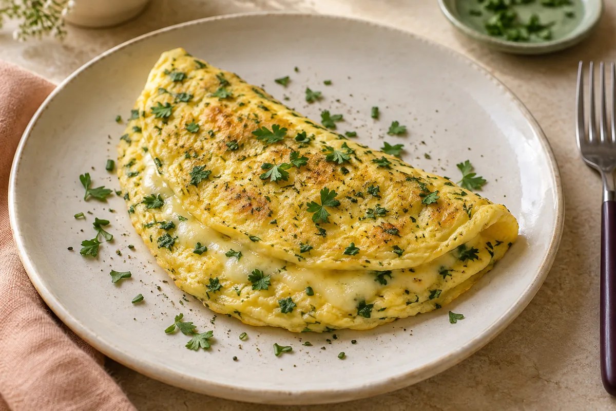 İki yumurtalı bir porsiyon yarım ay katlı omlet, ince maydanoz ve frenk soğanı parçaları, birleşme yerinde az erimiş Emmental; et, patates ve mantar yok.