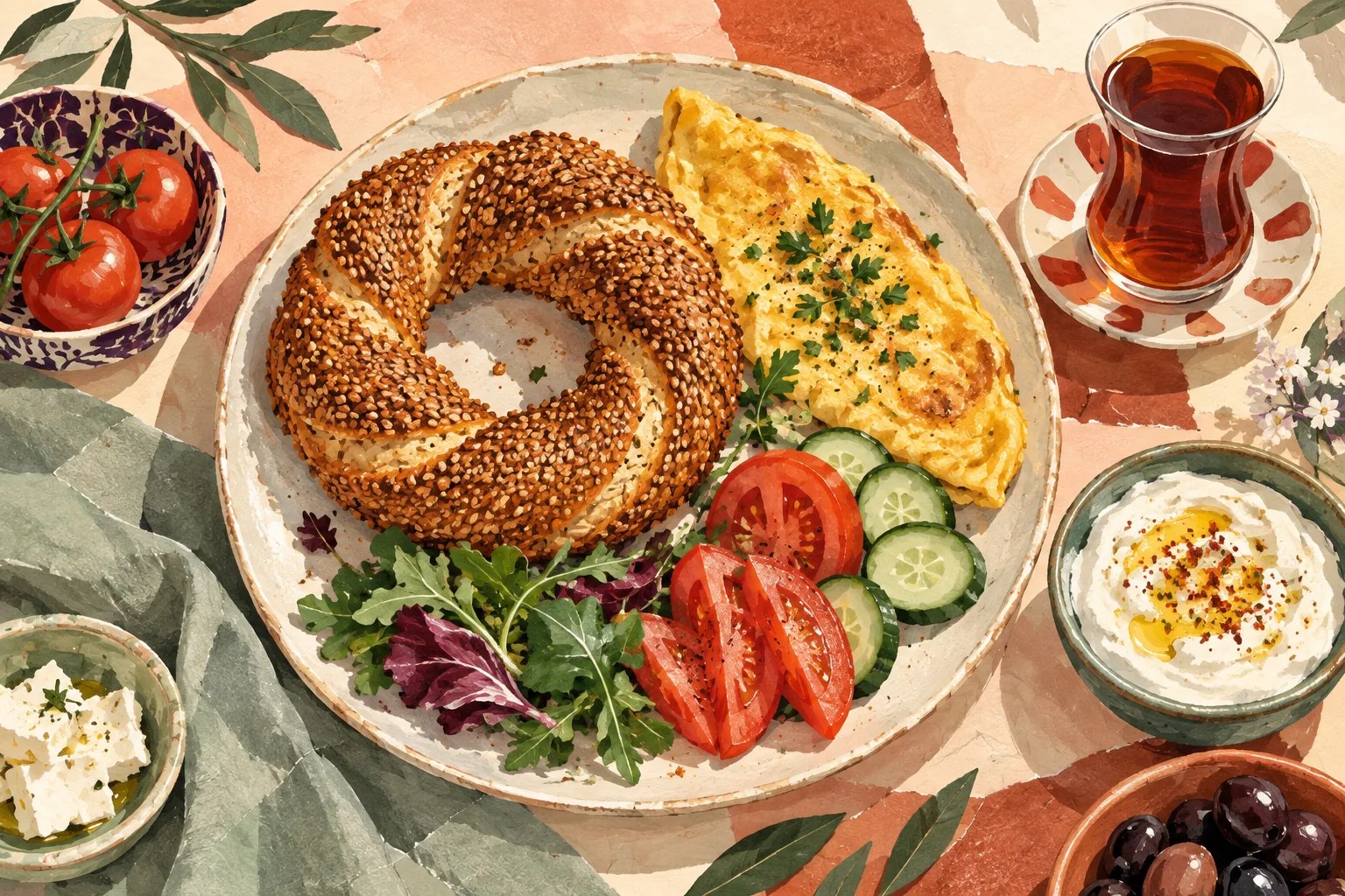 Simit, omlet, sebzeler, yoğurt ve çaydan oluşan kahvaltının illüstrasyonu
