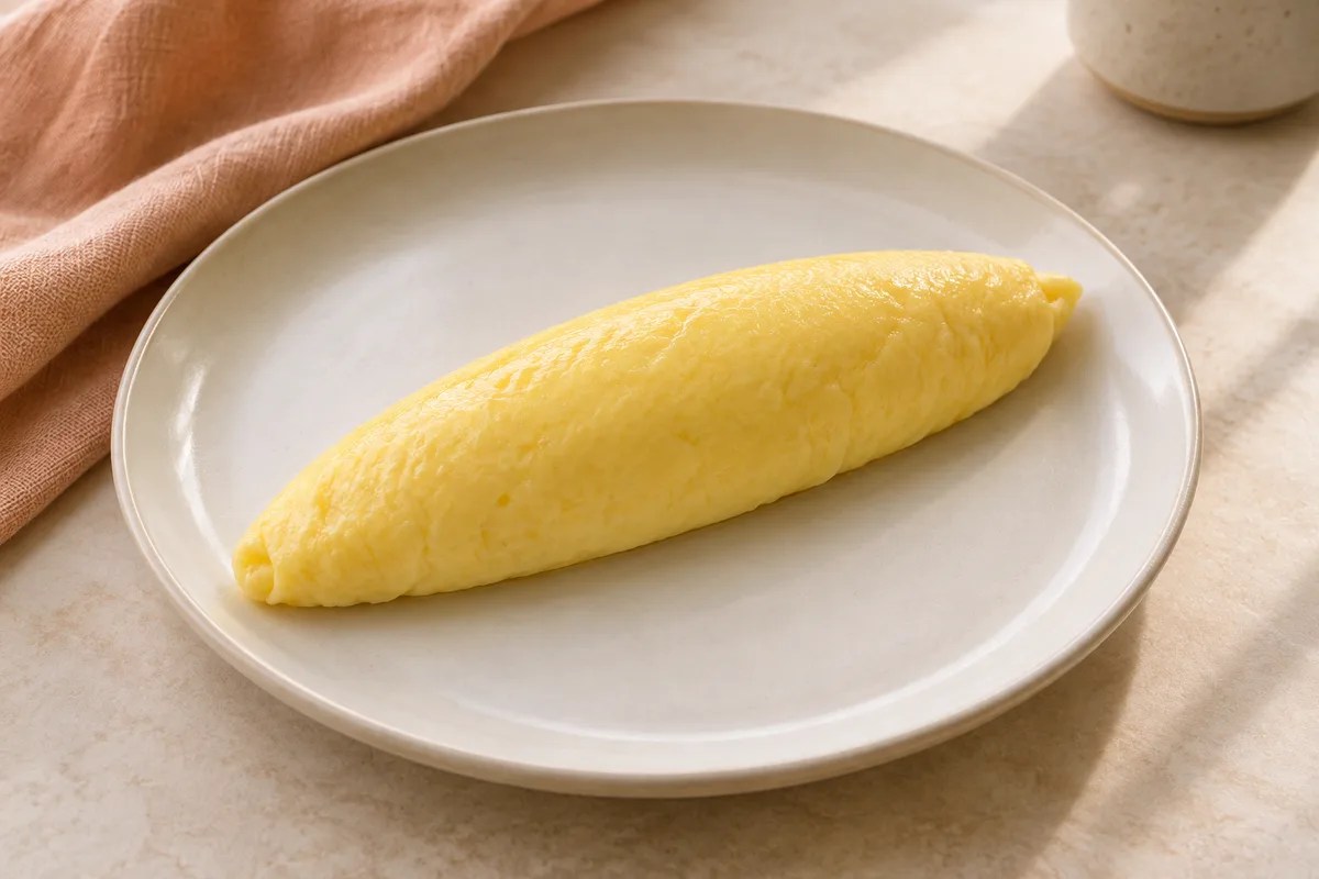 Krem tabakta açık sarı, dolgusuz rulo Fransız tarzı omletin sunumu.