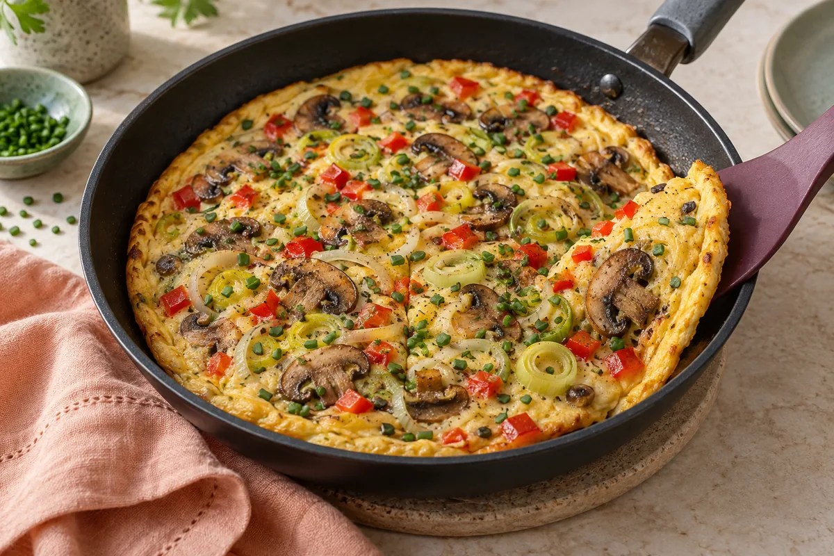 Açık yuvarlak Hollanda boerenomelet, dilim mantar, pırasa halkaları, küçük kırmızı biber küpleri, ince frenk soğanı; et ve peynir yok.