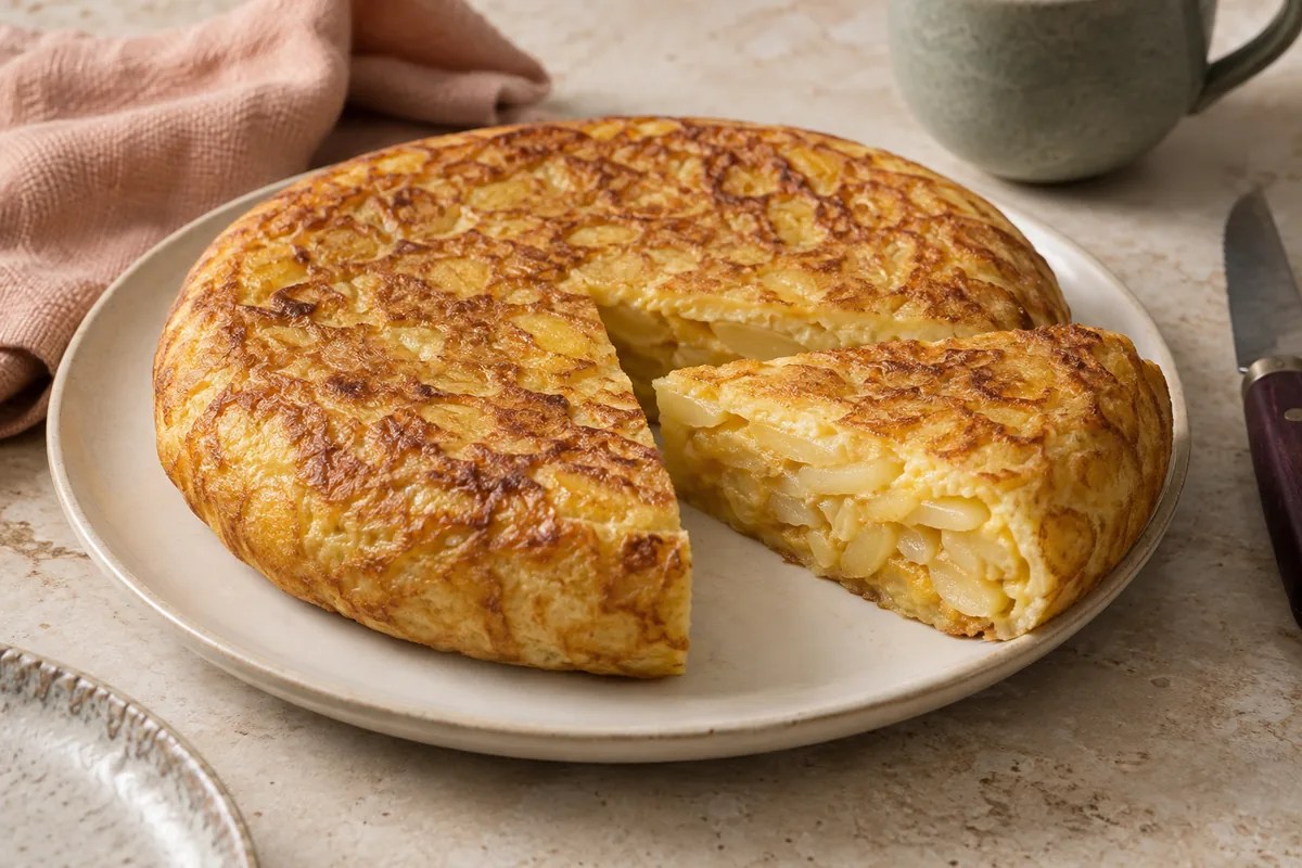 Kalın yuvarlak İspanyol tortilla, düzgün altın kahverengi dış yüzey, bir dilim kesilmiş, kesitte ince patates dilimleri ve soğan; ot, biber, et ve peynir yok.
