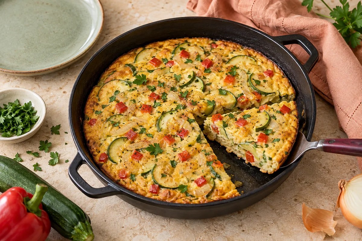 Yuvarlak açık frittata, hafif altın yüzeyde kabak yarım ayları, küçük kırmızı biberler ve ince maydanoz; bir üçgen dilim aralık, peynir yok.