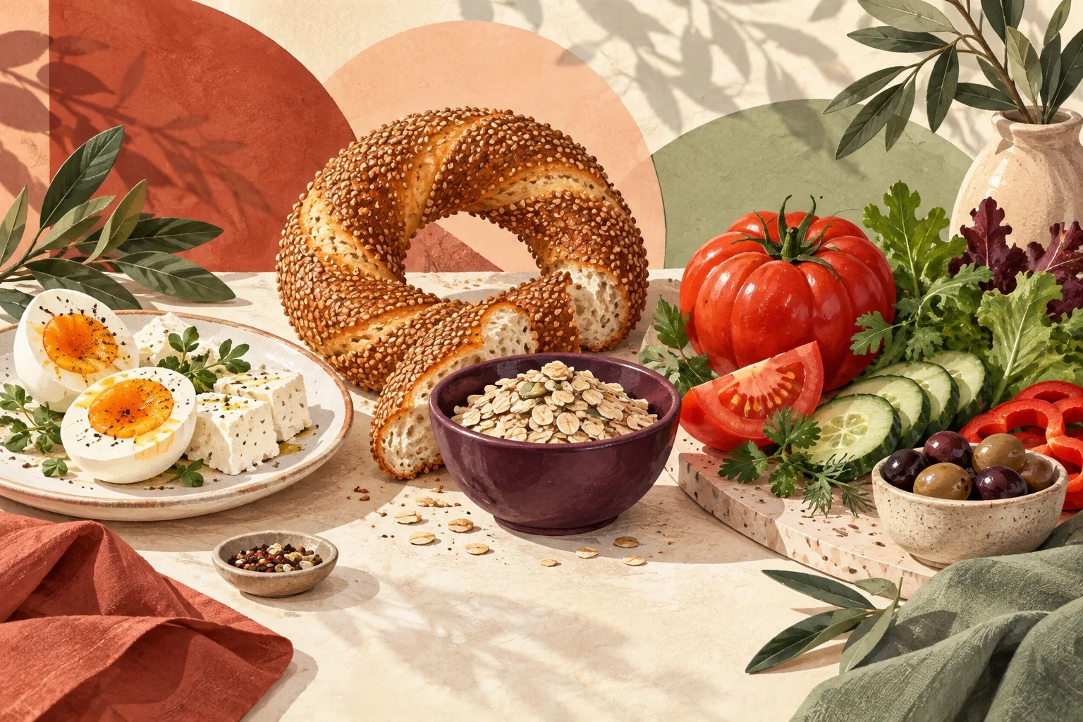Yumurta, peynir, simit, yulaf ve sebzeleri bir arada gösteren illüstrasyon