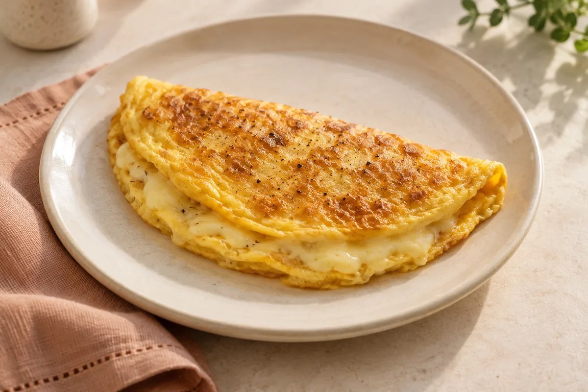Krem tabakta, kenarından erimiş kaşar görünen katlanmış omletin sunumu.