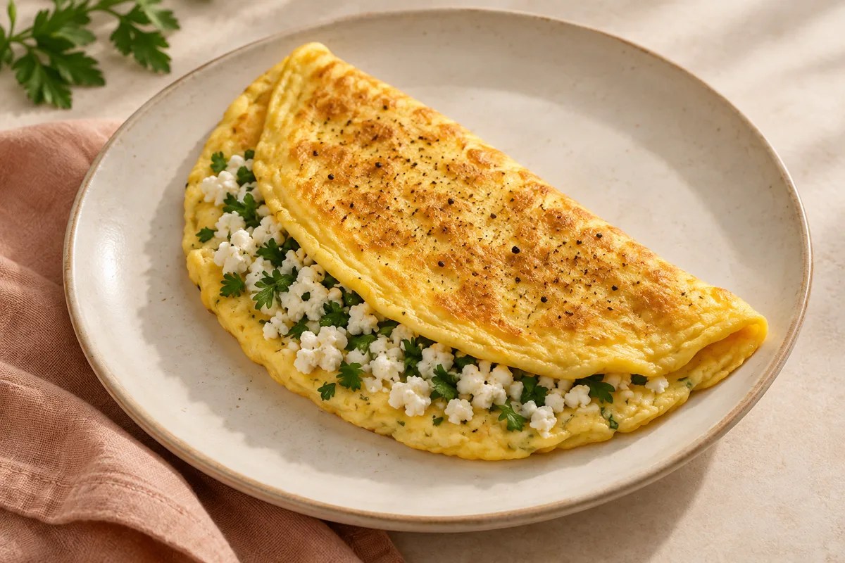 Beyaz lor ve maydanoz dolgusu görünen katlanmış omletin sunumu.