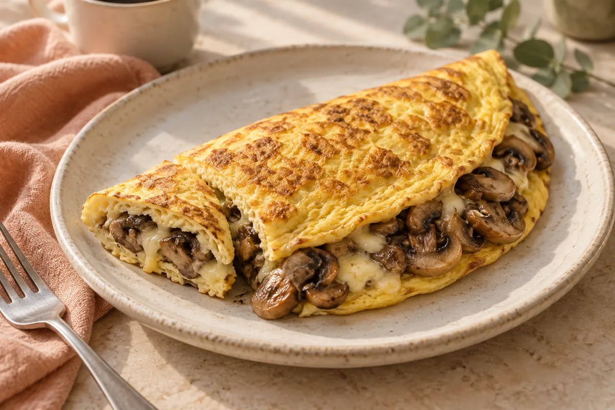 Sotelenmiş mantar ve kaşar dolgusu görünen katlanmış omlet.