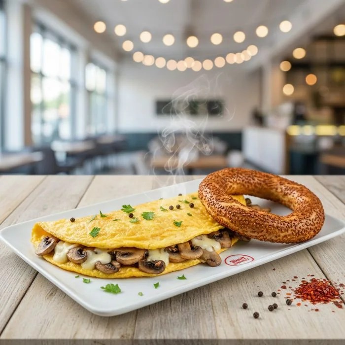 Simit ile servis edilen mantarlı kaşarlı omlet