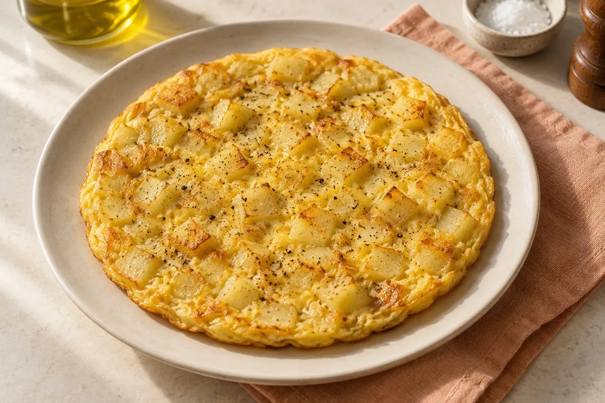Küçük patates küpleri içeren, katlanmamış yuvarlak patatesli omletin sunumu.