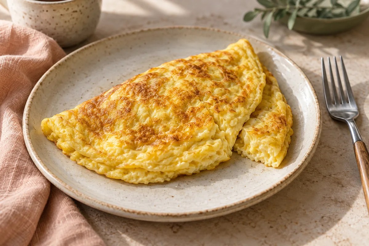 Krem seramik tabakta katlanmış, altın renkli sade omlet.