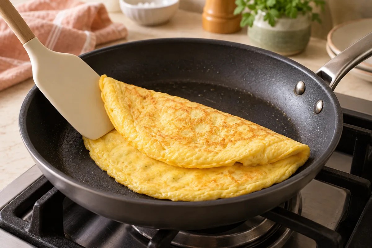 Pişmiş sade omletin tavada silikon spatulayla katlanma aşaması.