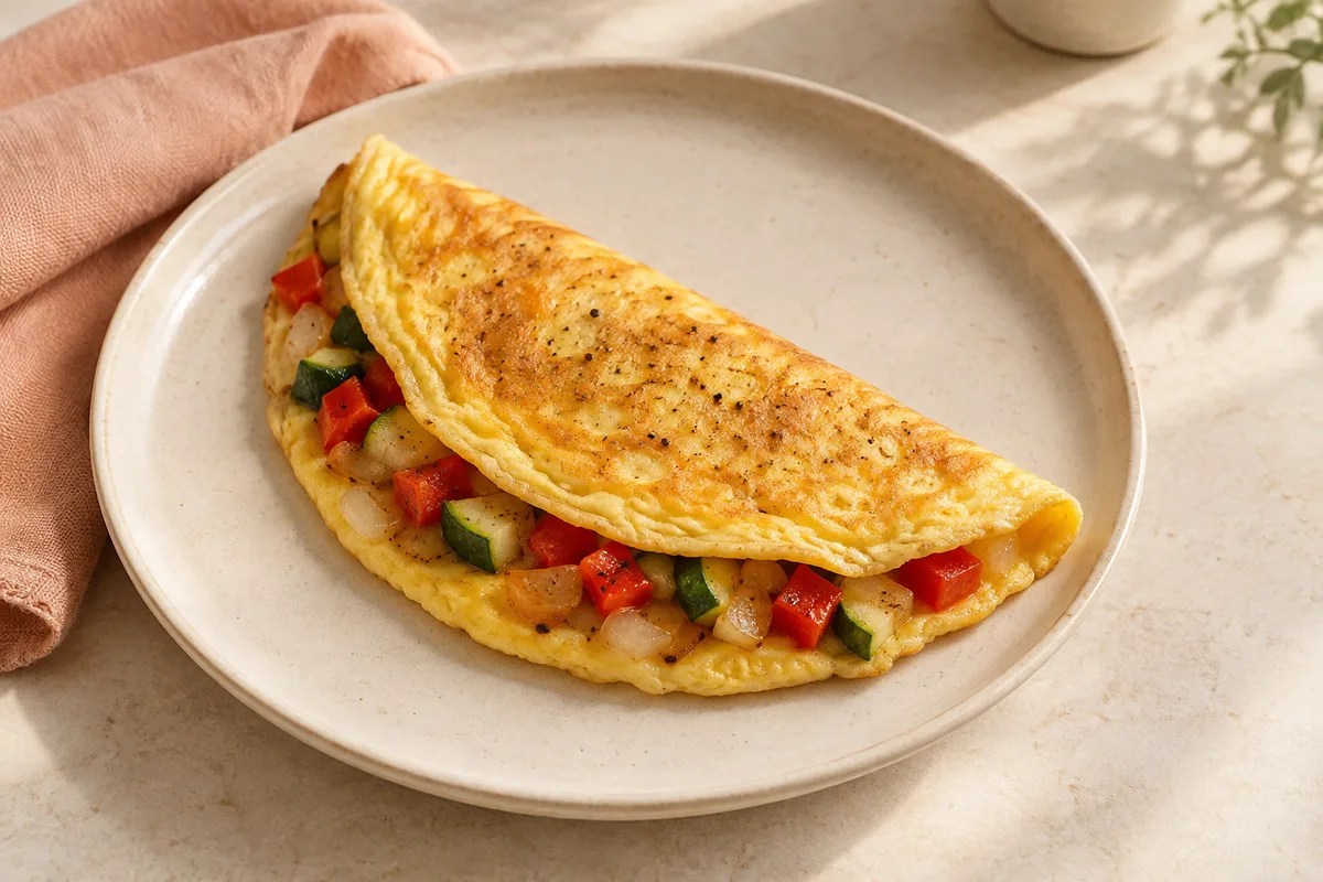 Kırmızı biber, kabak ve soğanla hazırlanan sebzeli omlet sunumu