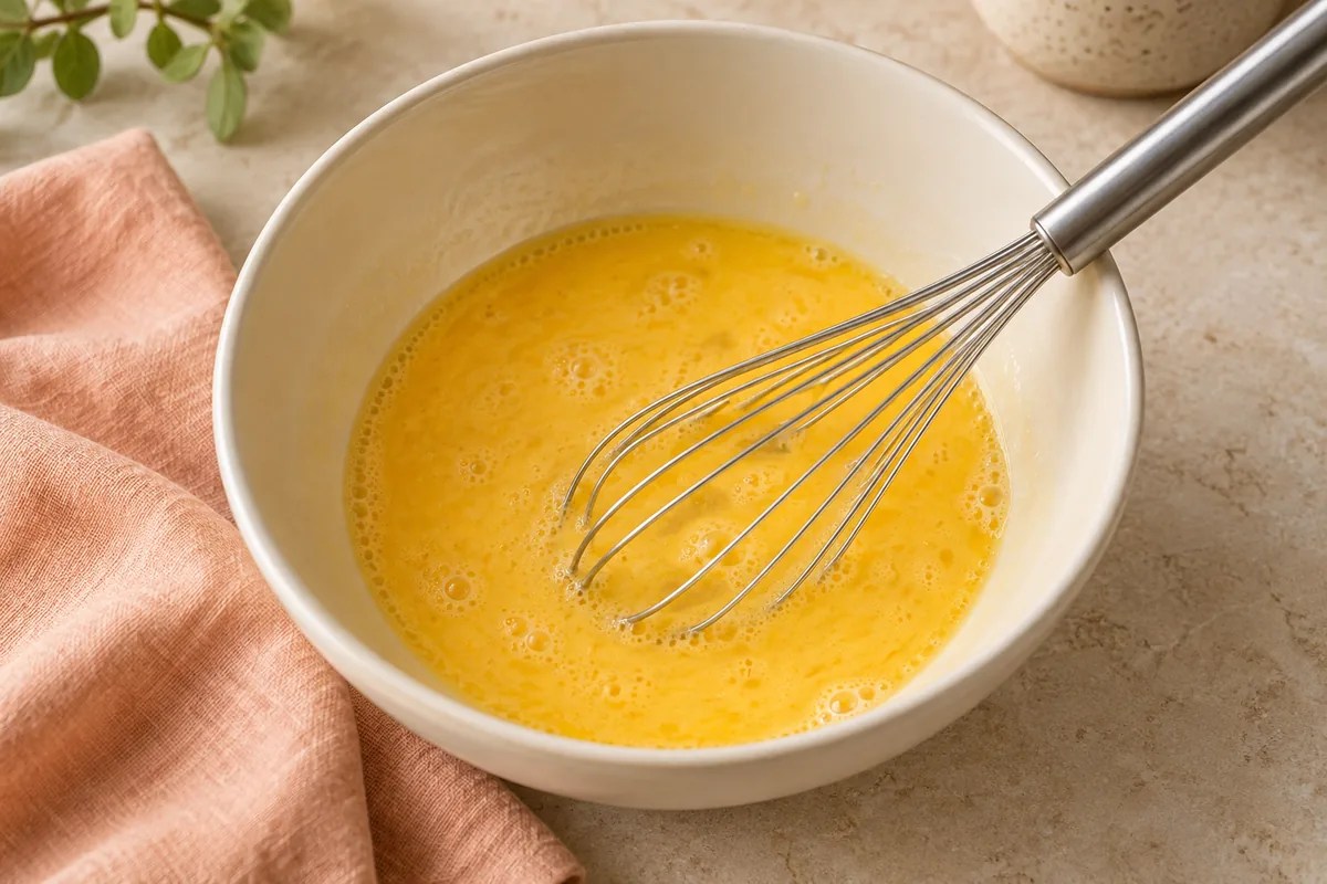 Omlet hazırlığı için temiz bir seramik kasede tamamen çırpılmış yumurta ve çelik çırpıcı.