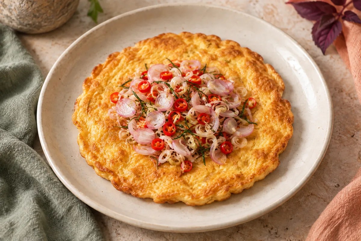 Sade omlet üzerinde ince soğan, biber ve limon otlu sambal matah