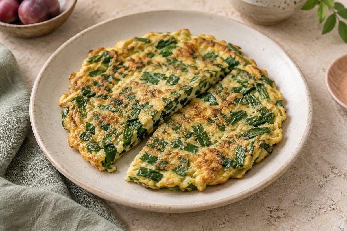 Sarımsak frenk soğanıyla hazırlanmış, iki parçaya ayrılmış Çin usulü düz omlet