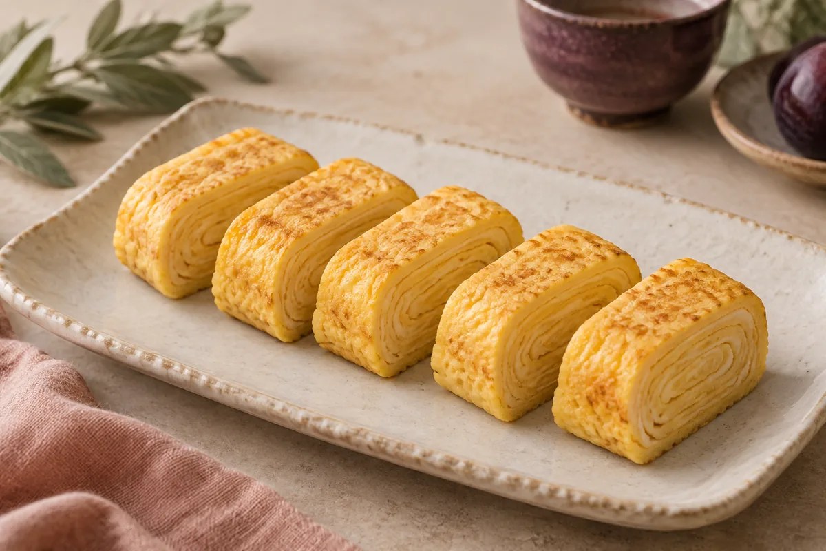 Dilimlenmiş Japon tamagoyaki omletinin ince yumurta katları