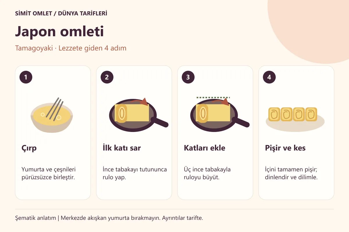 Japon omleti hazırlamak için dört adımlı pişirme şeması