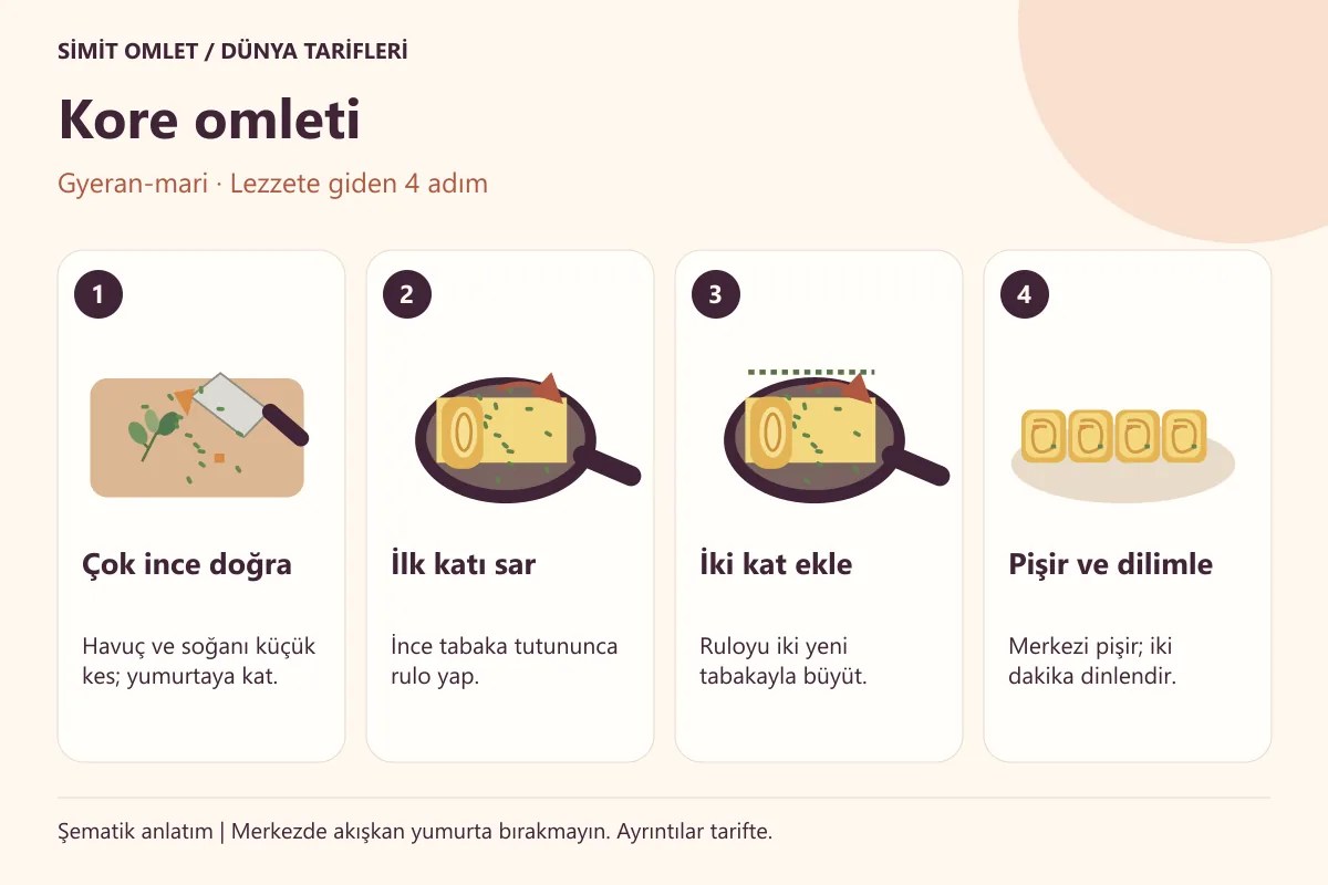 Kore omleti hazırlamak için dört adımlı pişirme şeması