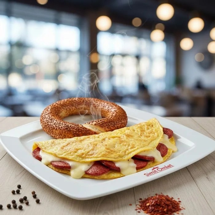 Simit ile servis edilen sucuklu kaşarlı omlet