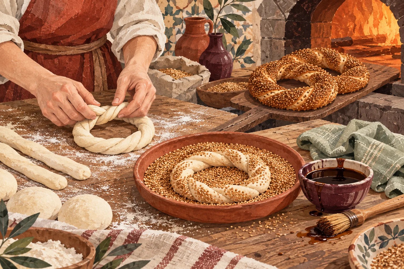 Hamur, susam ve fırınla simit hazırlığını gösteren çizim