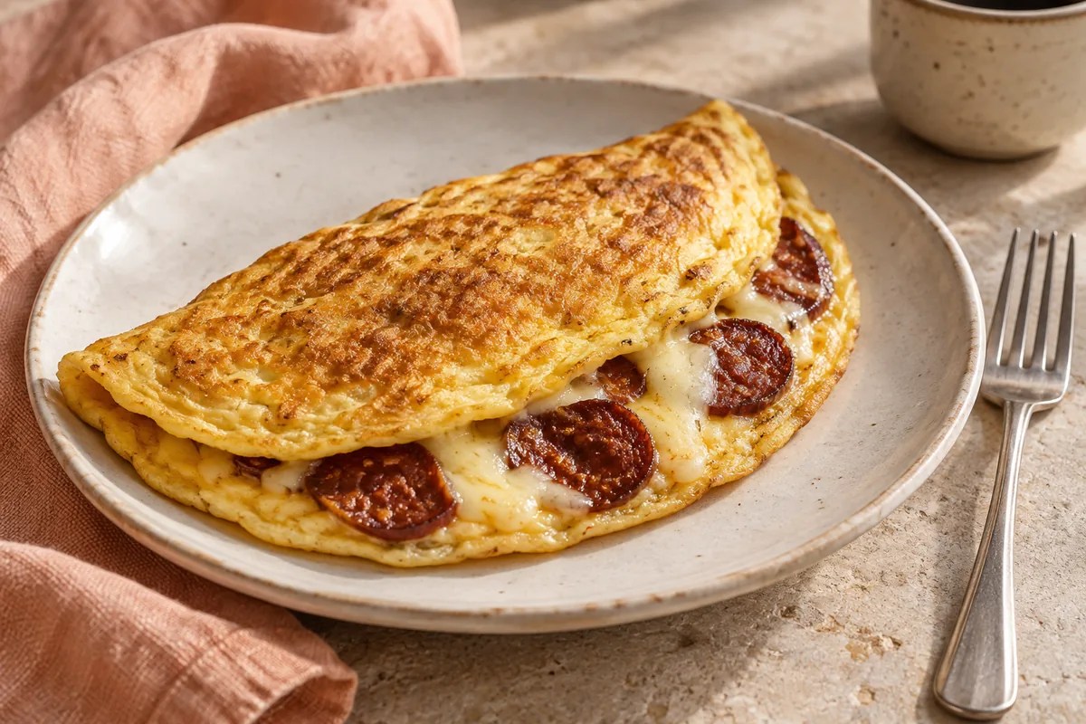 Katlanmış omletin içinde pişmiş sucuk dilimleri ve erimiş kaşar peyniri.