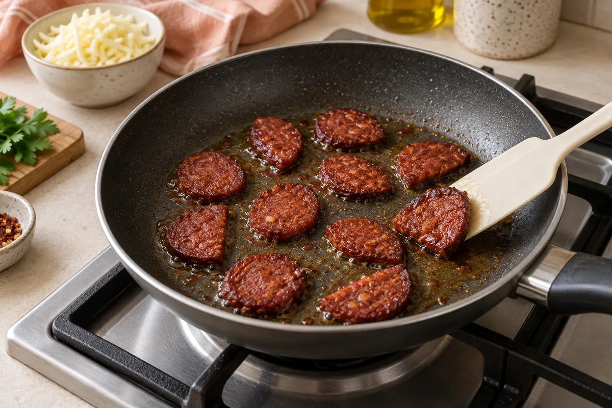 Sucuklu kaşarlı omlet için ince sucuk dilimlerinin tavada kızartılması.