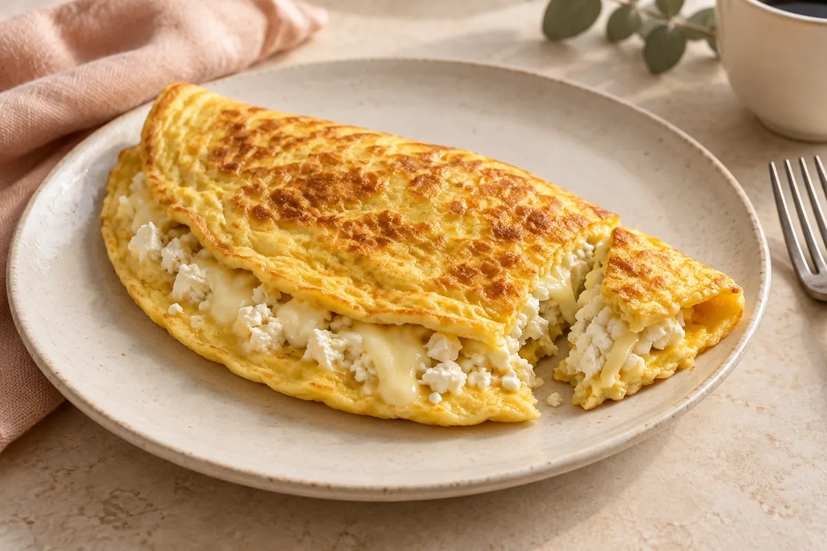 Kaşar, beyaz peynir ve lor dolgulu katlanmış üç peynirli omlet.