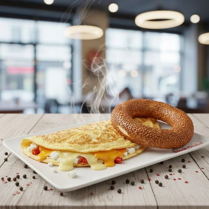 Simit ile servis edilen üç peynirli omlet