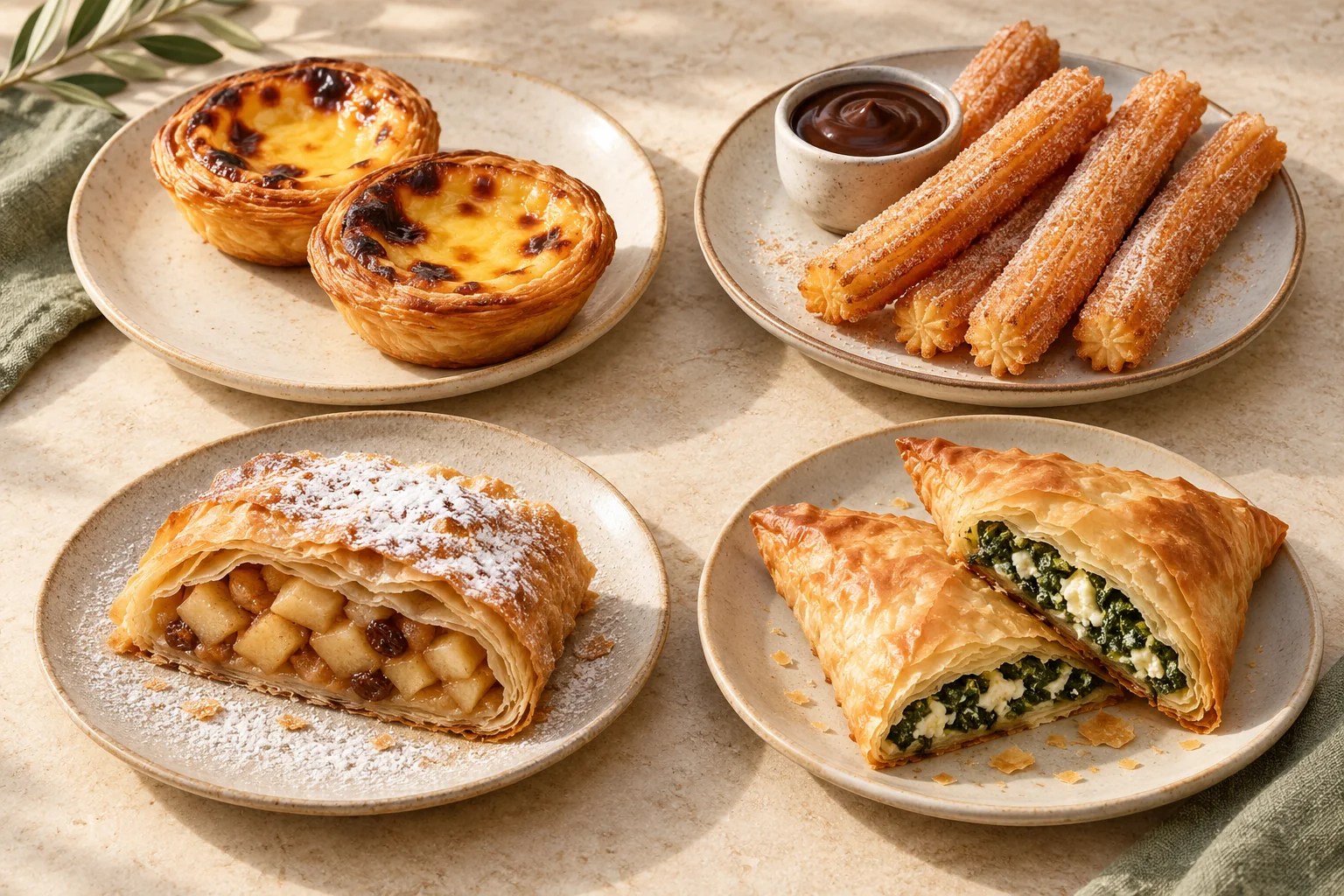 Dört tabakta pastel de nata, çikolatalı churros, elmalı strudel ve ıspanaklı spanakopita