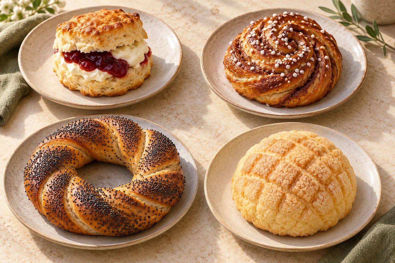 Dört tabakta reçelli scone, tarçınlı kanelbulle, haşhaşlı obwarzanek ve melonpan