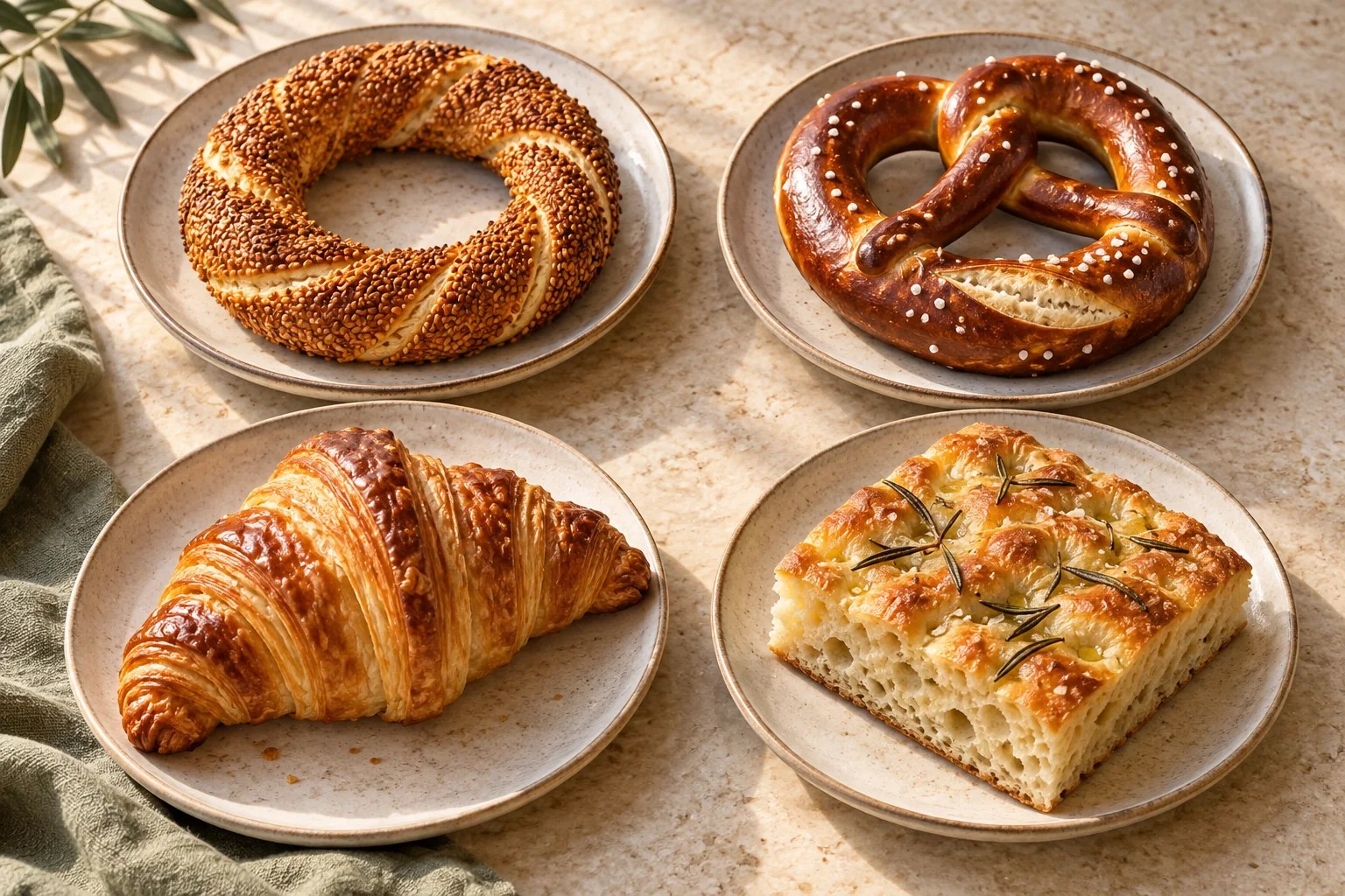 Dört tabakta susamlı simit, Alman bretzeli, Fransız kruvasanı ve İtalyan focaccia